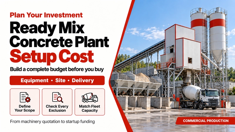 Ready mix concrete plant setup cost guide covering equipment, site preparation, and delivery capacity.